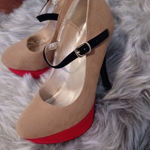 Qupid Faux Suede Colorblock Platform Maryjane Heels